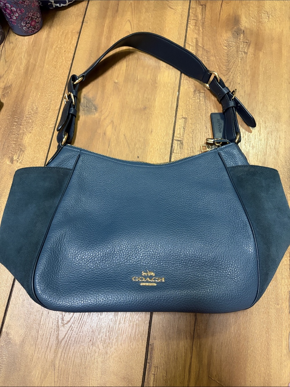 Coach Navy Leather and Suede Shoulder Hobo with Gold Hardware